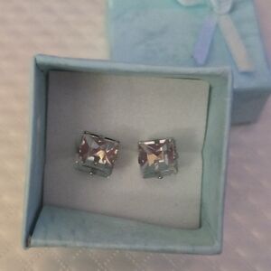 Large Cube Crystal Rhinestone Silver Tone Vintage Studs